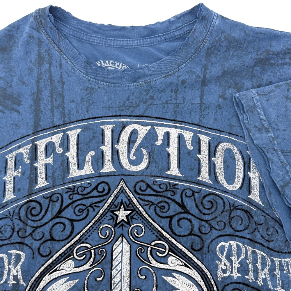 Affliction American Customs Shirt Mens Large Blue Distressed Raw Edges